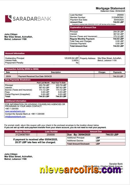 Lebanon Saradar Bank mortgage statement Word and PDF template